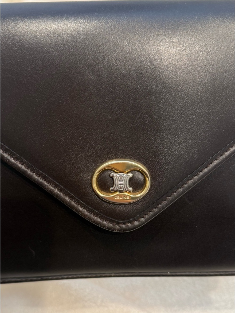 Auth Vintage 1990s Celine Triomphe Envelope Dark Brown Leather Clutch Bag - Picture 7 of 14